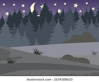 Night forest landscape with silhouettes of pine trees, stars and a crescent moon in the sky. EPS 10.