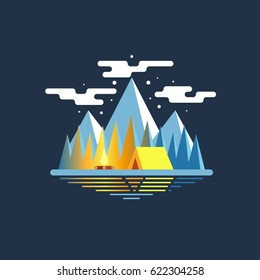 Night forest landscape with a summer camp near the river and mountains in the background. Yellow tent with campfire in the woods near the lake flat vector illustration.