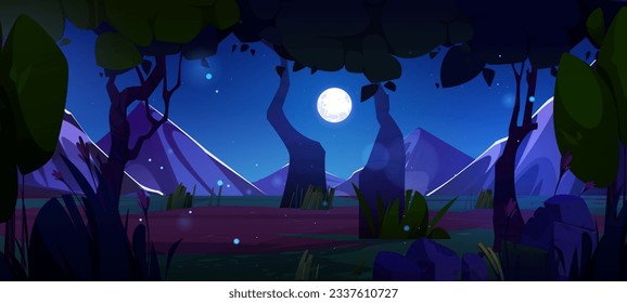 Night forest landscape with swamp. Vector cartoon illustration of spooky natural background, mountain valley with wetland between old trees and bushes, stones on ground, full moon glowing in dark sky