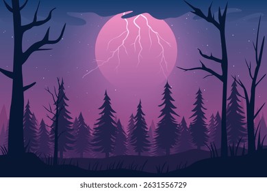 Paisagem de floresta noturna com trovoada, chuva, raios e lua. Tempo tempestuoso na floresta com pinheiros e lua ao fundo. Paisagem noite roxa com trovoada. Floresta assustadora.