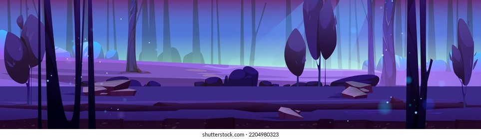 Night forest landscape with trees and glowworms shining in darkness. Wild wood natural background cross section, mysterious game location under moonlight falling down, Cartoon vector illustration