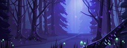 Night Forest Landscape With Trees And Road, Glowworms And Mushrooms Shining In Darkness. Wild Wood Fantasy Background, Dark Mysterious Place With Plants Under Moonlight, Cartoon Vector Illustration