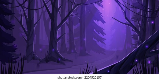 Night forest landscape with trees, road and glowworms shining in darkness. Wild wood natural background, dark mysterious place with plants under moonlight falling down, Cartoon vector illustration