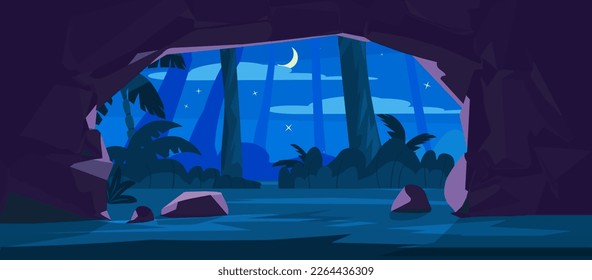Night forest landscape from the view of stone cave entrance, flat vector illustration. Trees, bushes, moon and stars. Rocky cave frame, mysterious woods. Concepts of adventure and travel.