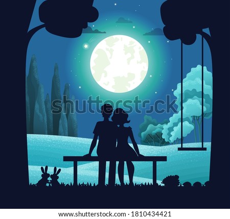 Night forest landscape, young romantic couple sitting on bench under moonlight. Date on moonlit night
