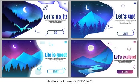 Night forest landscapes set. Creative web or business card, poster, postcard, magazine, book cover, brochure, flyer, banner, layout, presentation, template.