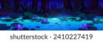 Night forest magic landscape with water lilies on lake surface, bush and tree trunk on shore, glowing fireflies and coastline. Dark cartoon woodland scenery with lotus flowers and leaf pad on pond.