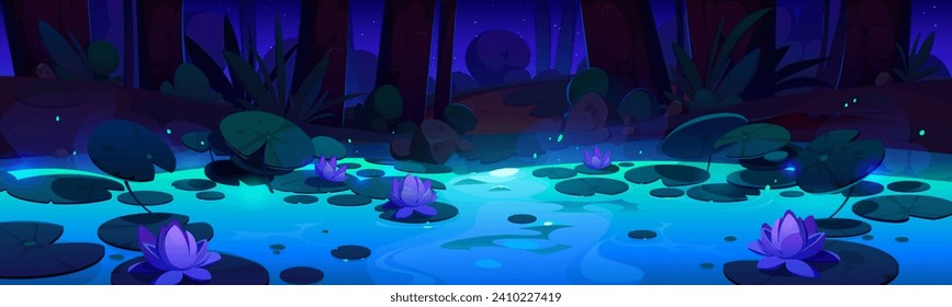 Night forest magic landscape with water lilies on lake surface, bush and tree trunk on shore, glowing fireflies and coastline. Dark cartoon woodland scenery with lotus flowers and leaf pad on pond.