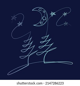 Noche en el bosque con la luna y las estrellas. Diseño estilizado del vector de un solo trazo.