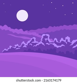 Night forest with the moon and stars. Trees and meadow. Beautiful fairy landscape. Template for background design. Vector cartoon blue illustration
