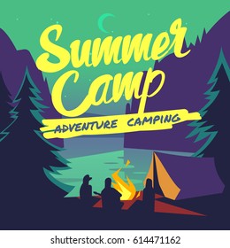 Night forest with moonlight and campfire summer adventure camping vector poster. Camp outdoor in forest, illustration of camp with campfire and tent