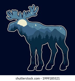 Night forest and mountains landscape inside moose silhouette in vintage style isolated vector illustration