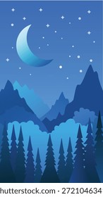 Bosque nocturno y montañas bajo el cielo estrellado con la luna creciente, Ilustración vectorial de la Vertical