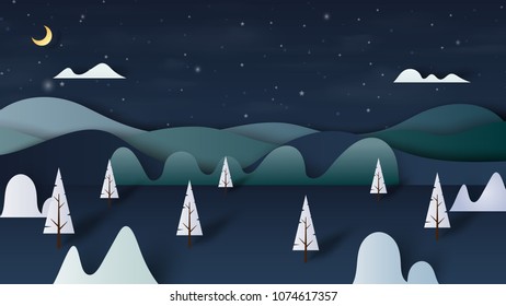 Night forest nature landscape scenery banner background paper art style.Vector illustration.