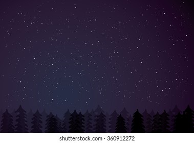 Night forest on dark starry background. Trees silhouettes on the star night background. Night forest. Fir trees, pine trees. Vector illustration.