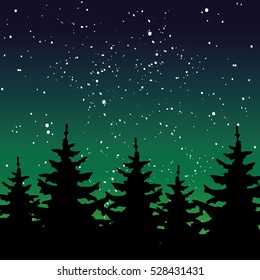 Night forest on dark starry background. Trees silhouettes on the star night background. Night forest. Fir trees, pine trees, spruces. Vector illustration.