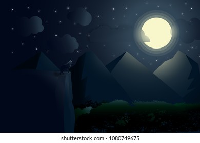 Night forest on full moon and star shining with wolf stand on the edge in illustration. EPS 10, Vector.