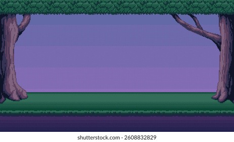 Night forest pixel art background. 2d backdrop for 8-bit retro video game or mobile application. Seamless when docking horizontally.
