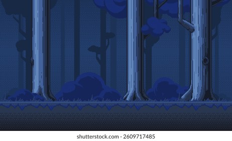 Night forest pixel art. Horizontal seamless pixelated backdrop for 8-bit video-game level.