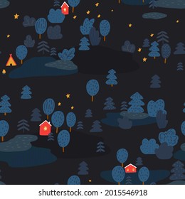 Night in forest, red cabins at woodland. Fire camping. Dark seamless vector pattern for scandi interior, wallpaper, wrapping