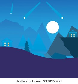 night forest with river moon star tree background vector wallpaper by adobe illustrator