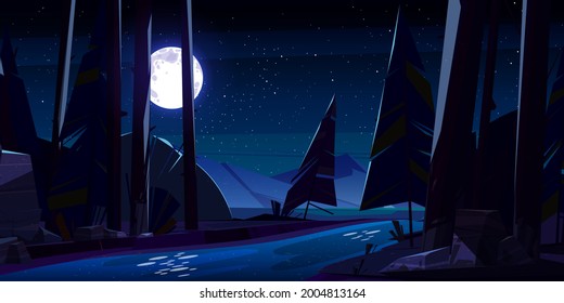 Night forest with river and mountains. Nature wood landscape with moonlight and stars reflecting on water surface. Scenery background with pines and full moon at midnight, Cartoon vector illustration