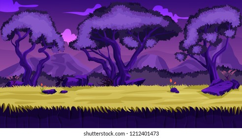 Night Forest Scene with backdrop of hills, game background, nature background with 3 big trees