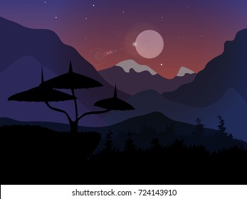 night forest scene with full moon and star 