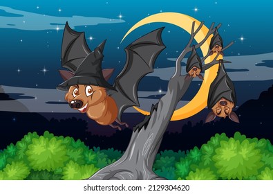 Night forest scene with group of bats  illustration