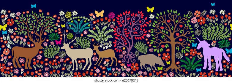 Night in the forest. Seamless vector border with fantasy animals and trees. Deers, roe, boar, unicorn.