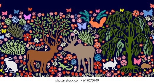 Night in the forest. Seamless vector border with magic animals and trees. Deer, elk, hares, squirrel, hedgehog, lizard, plants.