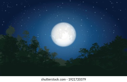 Night In The Forest Silhouette With Full Moon. Vector Illustration