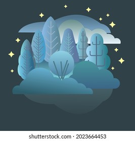 Night forest. Starry sky. Summer landscape. Flat style. Vector