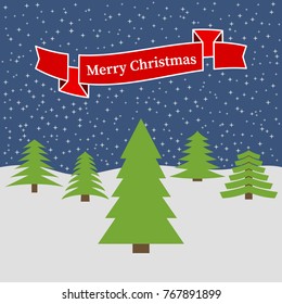 Night forest with stellar sky and a red ribbon with the inscription Happy Christmas. Vector illustration.