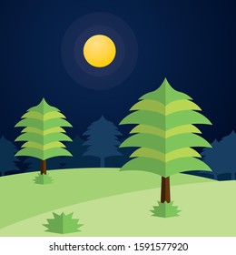 Night forest with tree and moon illustration