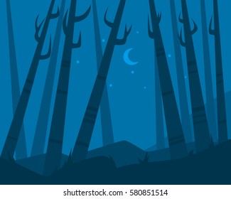 Night in forest. Trees on sky background with the moon and stars. Flat design. Vector illustration