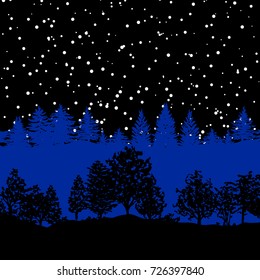 Night forest trees silhouettes background vector illustration in black and blue. Sky with stars or snow.