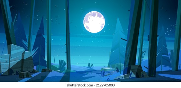 Night forest twilight landscape with rocks and conifer trees. Nature background, beautiful mysterious summer wood under starry sky with full moon, parallax game scene, Cartoon vector illustration