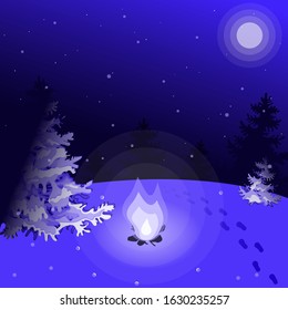 Night forest under the moon. The fire illuminates the trees. Vector illustration.
