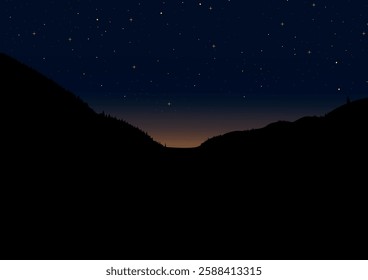 Night forest under the stars, vector image, suitable for prints, book illustrations, children's drawing, camping, evening, starry sky, trees in the dark, bright landscape
