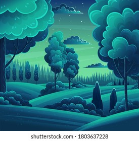 Night in forest, vector cartoon illustration. Hills and tall trees, pine forest on the horizon, lush bushes, clouds in the starry sky. Beautiful nighttime landscape. Green plant and grass rural land