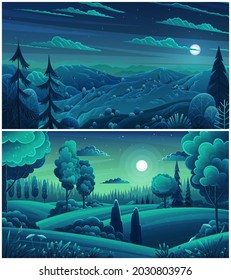 Night in forest, vector cartoon illustration. Hills and tall trees, pine forest on horizon lush bushes, clouds in starry sky. Beautiful nighttime landscape. Green plant and grass rural land background