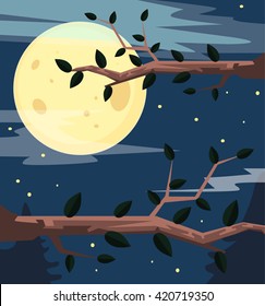 Night forest. Vector flat cartoon illustration