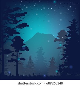 Night in the forest vector illustration with starry sky, trees and mountains