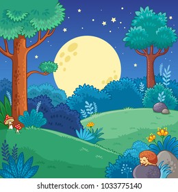 Night forest. Vector illustration with trees and moon in cartoon style.