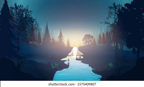 Night Forest Vector. Forest landscape with a river at night. Night in the forest. Dawn in the forest. The sky with the stars. Beautiful dawn illustration for ad banner or background.