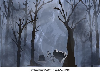 night in the forest.dark trees, rocks, and bushes.the sky and the path in the moonlight.vector illustration