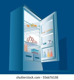 Night fridge light concept. The open refrigerator with a pie and products. vector illustration