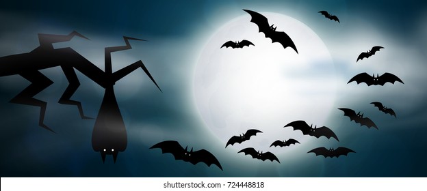 Night, full moon and bats, horizontal banner. Colorful scary Halloween illustration. Vector