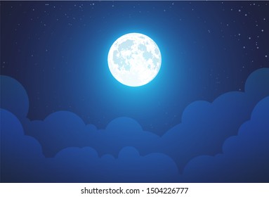 Night with Full Moon - Beautiful vector wallpaper, background illustration with landscape in dark blue color. Sky panorama with stars and clouds and copy space.